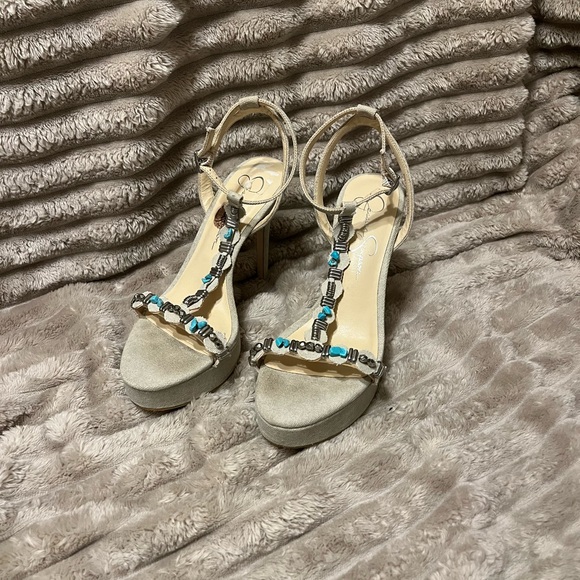 Jessica Simpson Shoes - Jessica Simpson Beaded T-Strap Beige and Turquoise Platform Sandals